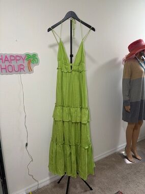 CAMI NYC Women's KIWI COLORED Tiered Maxi DORIS Dress - V-Neck Halter
